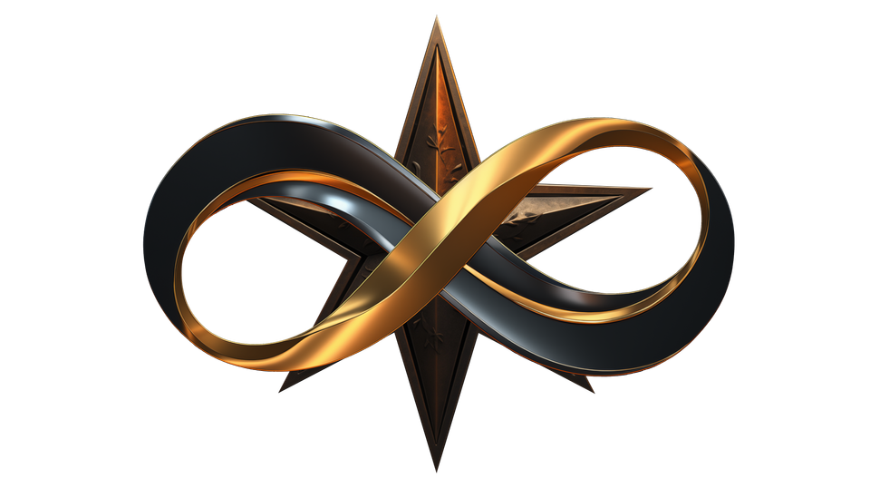 Recursive Horizons Logo, a gold and silver infinity symbol in front of a brass six pointed star. 